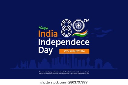 Modern India Independence Day 15th August 2026 banner with 80th anniversary typography, Ashoka Chakra, tricolor wave, and Indian skyline for corporate, government, and social media use. Vector Illustration