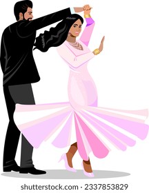 Modern Indian beautiful dressed couple bride and groom dancing first dance at their wedding Vector