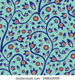 Modern Indian Florals style vector seamless pattern background. Neon orange indigo abstract flowers and leaves on winding stems on a textured vermillion backdrop.Tropical repeat for boho summer theme