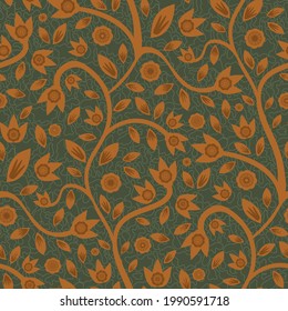 Modern Indian Florals style vector seamless pattern background. Sage green and terracotta ochre abstract flowers and leaves on winding stems on a textured vermicular backdrop. Elegant repeat for fall