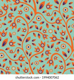 Modern Indian Florals style vector seamless pattern background. Neon orange indigo abstract flowers and leaves on winding stems on a textured vermillion backdrop.Tropical repeat for boho summer theme