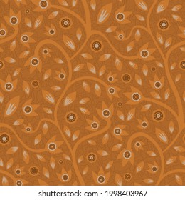 Modern Indian Florals style vector seamless pattern background. Monochrome terracotta ochre abstract flowers and leaves on winding stems on a textured vermicular backdrop. Elegant texture repeat