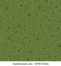 Modern Indian Florals style vector seamless pattern background. Monochrome sage green abstract flowers and leaves on winding stems on a textured vermicular backdrop. Elegant texture repeat