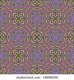 Modern Indian pattern with spiritual symbols derived from ancient motifs in vivid and brilliant colors, seamless and sophisticated in vector art