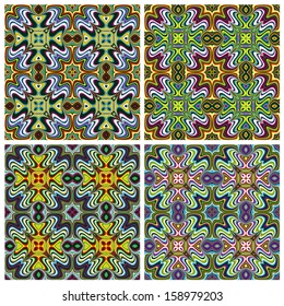 Modern Indian Textile Design with spiritual symbols, one pattern with 4 different color combinations which allows you to make numerous seamless varieties