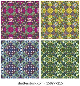 Modern Indian Textile Design with spiritual symbols, one pattern with 4 different color combinations which allows you to make numerous seamless varieties