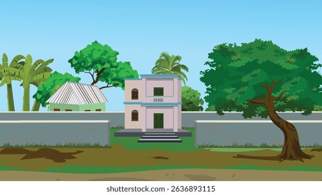Modern Indian Village House Vector | Rural Background with Trees, Compound Wall, and Countryside Scene | Cartoon Animation Illustration for Kids and Educational Projects


