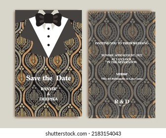 Modern Indian Wedding Invitation Design, Front and Back View.Chic wedding invitations.