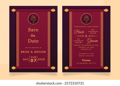 Modern Indian Wedding Invitation with a Scroll Design and Ganesha Emblem, for Wedding Celebration.