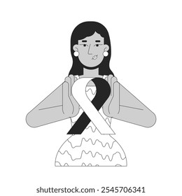 Mulher indiana moderna segurando cor-de-rosa fita consciência preto e branco 2D personagem linha. Sobrevivente de câncer de mama jovem sul asiático isolado vetor pessoa contorno. Ilustração de ponto monocromático