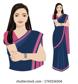 Modern Indian woman. Vector illustration of a modern Indian woman in a sari isolated on a white background.