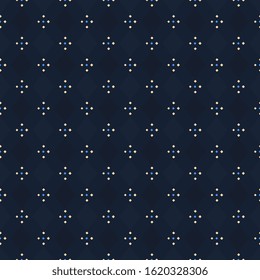 Modern indigo blue argyle plaid pattern repeat check motif. Ditsy floral ornament. Simple geo all over print block for apparel textile, patchwork fabric, fashion garment, flannel shirt, wrapping cloth