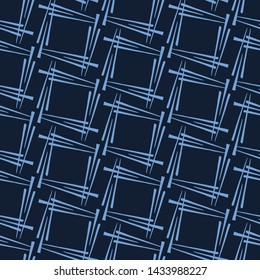 Modern indigo blue geometric hand drawn square. Repeating abstract background. Ornamental monochrome geo. Trendy surface design textile. All over print dyed textile. Seamless vector pattern. 