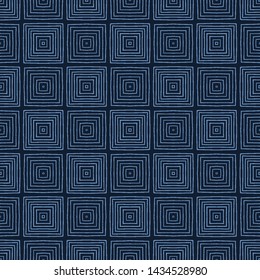 Modern indigo blue geometric hand drawn nested squares. Repeating abstract background. Ornamental monochrome geo. Trendy surface design textile. All over print dyed textile. Seamless vector pattern. 