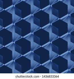 Modern indigo blue geometric hand drawn 3d cube pattern. Repeating abstract background. Ornamental monochrome geo. Trendy surface design textile. All over print dyed textile. Seamless vector pattern.