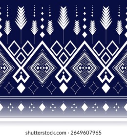 A modern indigo tribal pattern featuring diamonds, arrows, and linear symmetry. Perfect for digital textile prints and fashion fabric design.