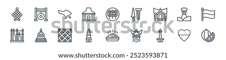 modern indonesia icon pack. perfect for linear ui designs featuring vector durian, love, monas tower, jam gadang, fried rice, pura, batik and more icons for mobile and web apps.