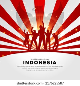 Modern Indonesia Independence Day design with cheerful youth and sunburst background