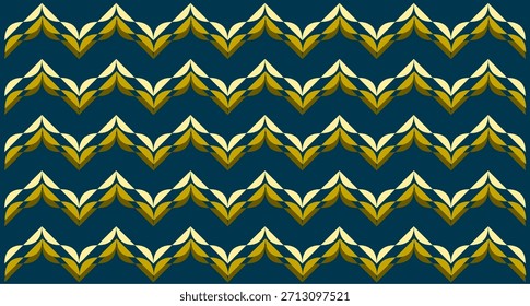 Un moderno patrón de fondo de Vector batik indonesio con un motivo de onda en zigzag que se repite. El diseño utiliza ondas Horizontales alternas en tonos de amarillo y oro con fondo azul oscuro