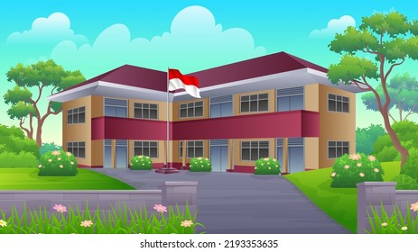 Modern Indonesian elementary school building with lush green lawns, grass and trees cartoon Illustration