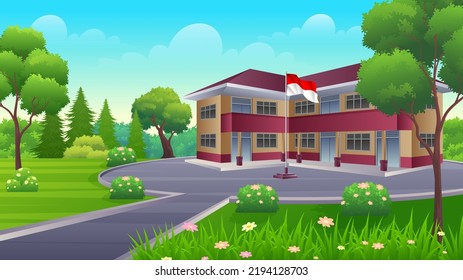 Modern Indonesian school building with beautiful nature landscape, Back To Education Concept cartoon Illustration