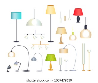 Modern indoor creative floor lamps, compact lanterns and minimalistic chandeliers isolated cartoon flat vector illustrations set on white background.