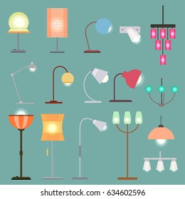 Modern indoor lights set with different kinds of turning on lamps and chandeliers on turquoise background isolated vector illustration