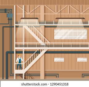 Modern Indoor Smart Storage or Warehouse Design. Automatic Industry Store Interior. Smiling Worker in Overall Uniform and Hard Hat Standing on Stairs. Flat Cartoon Vector Illustration