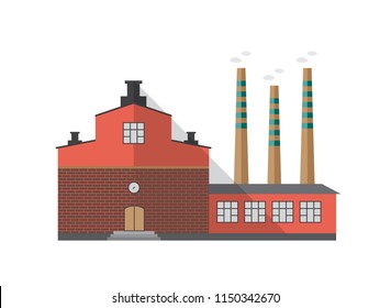 Modern industrial brick building of factory with pipes emitting smoke isolated on white background. Front view of centralized heating plant. Cartoon colorful vector illustration in flat style.