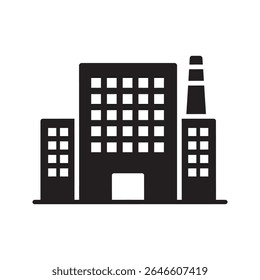 Modern industrial building icon representing a factory plant or corporate office headquarters for a large manufacturing business company vector solid glyph icon