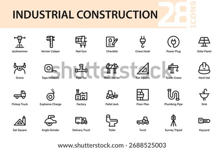 Modern industrial construction tools icon set featuring heavy machinery, building equipment, safety gear, and engineering instruments in clean vector style.