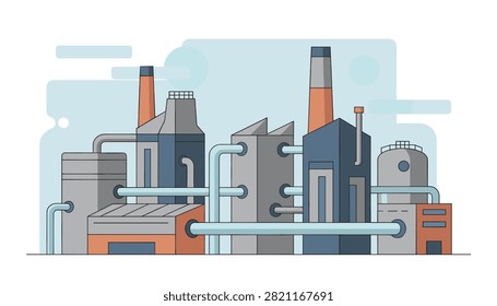 Modern industrial factory building complex with smoking chimneys, pipes, and storage tanks under a cloudy sky.