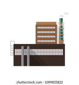 Modern industrial factory building with pipe emitting smoke isolated on white background. Facade of power station of contemporary architecture. Cartoon colorful vector illustration in flat style