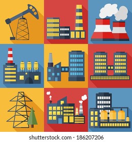 Modern industrial flat buildings set. Plants and factories vector illustration 