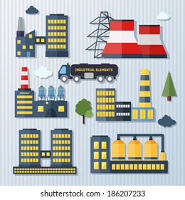 Modern industrial flat buildings set. Plants and factories vector illustration 