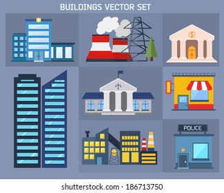 Modern industrial flat buildings set. Skyscrapers, plants and factories vector illustration