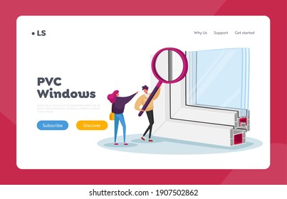 Modern Industrial or Home Technologies Landing Page Template. Tiny Characters with Huge Magnifier Looking on sample of Pvc Window Profile with Triple Hermetic Glass. Cartoon People Vector Illustration