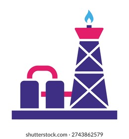 Modern industrial illustration featuring a stylized oil extraction tower with a flame top and interconnected pipelines glowing under vibrant pink and blue hues against a solid base