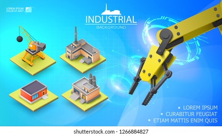 Modern industrial light template with realistic mechanical automated robotic arm and isometric construction crane factory  warehouse vector illustration