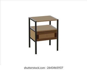 Modern Industrial Nightstand with Metal Frame, Wooden Drawer and Open Shelf, Minimalist Bedside Table for Bedroom Storage, Isolated on White Background Illustration

