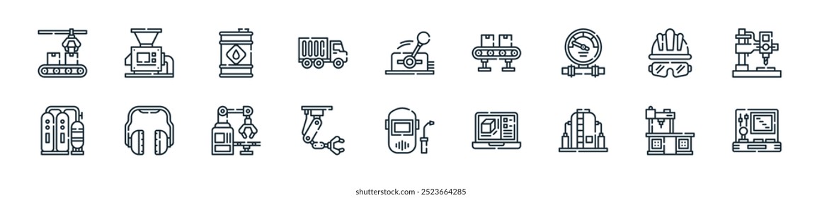 pacote de ícone de processo industrial moderno. perfeito para projetos de interface de usuário linear com painel de controle vetorial, marcenaria, tanque, product de, máscara de soldagem, braço robótico, braço robótico e mais ícones para celular e web