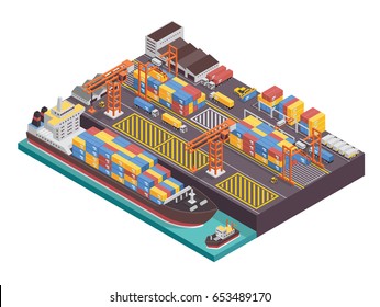 Modern Industrial Ship Port And Cargo Harbor Isometric Illustration Asset