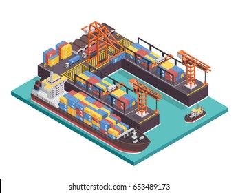 Modern Industrial Ship Port And Cargo Harbor Isometric Illustration Asset