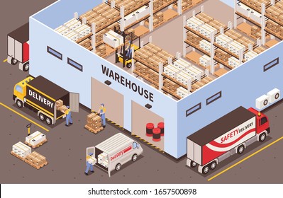 Modern industrial warehouse interior with storage racks facilities exterior with logistic delivery services isometric view vector illustration 