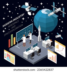 Modern industry aerospace and space exploration isometric composition with satellites and characters of researchers vector illustration