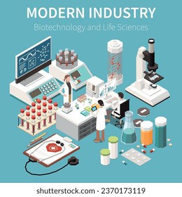 Composición isométrica de la industria moderna con herramientas de equipo e investigadores que trabajan en el campo de la biotecnología y las ciencias biológicas ilustración vectorial