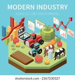 Modern industry new technologies in agriculture and farming 3d isometric composition on blue background vector illustration
