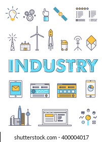 Modern industry thin block line flat icons and composition with computers element, trade mobile graphics, informations and development web strategy concept