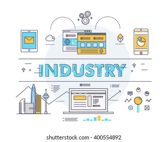 Modern industry thin block line flat icons and composition with computers element, trade mobile graphics, informations and development web strategy concept