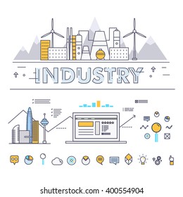 Modern industry thin block line flat icons and composition with computers element, trade mobile graphics, informations and development web strategy concept